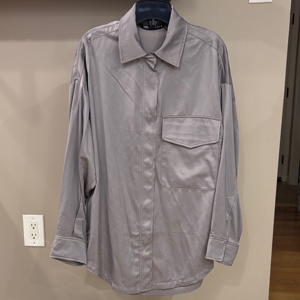 Zara Silver Satin-looking Oversized Snap Shirt Y2K Festival Street Style
